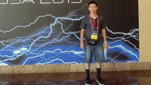 This August 2015 photo provided by Shu Chien shows her son Moshe Kai Cavalin at the Black Hat USA computer security conference in Las Vegas. Cavalin, of San Gabriel, Calif., earned a bachelors in math from UCLA at age 15, and is taking online classes through Brandeis University, near Boston, towards a masters in cybersecurity. Hes also working for NASA, where he is developing aircraft tracking technology. (Shu Chien via AP)